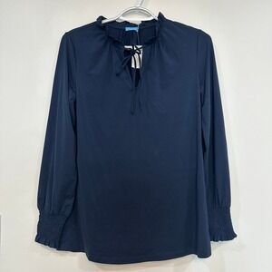 J Mclaughlin Rebecca Top XS NWT $158 Solid Long Sleeve Tie Smocked Stretch Navy